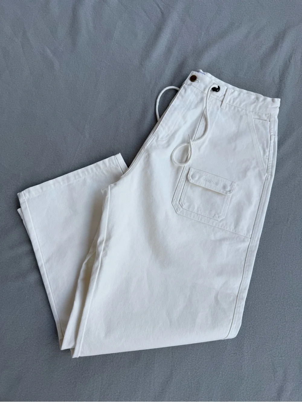 Chez Rien Wide Fatigue Pants In Bone Men Sz XL Loose Fit Draw Cord Waist Canvas